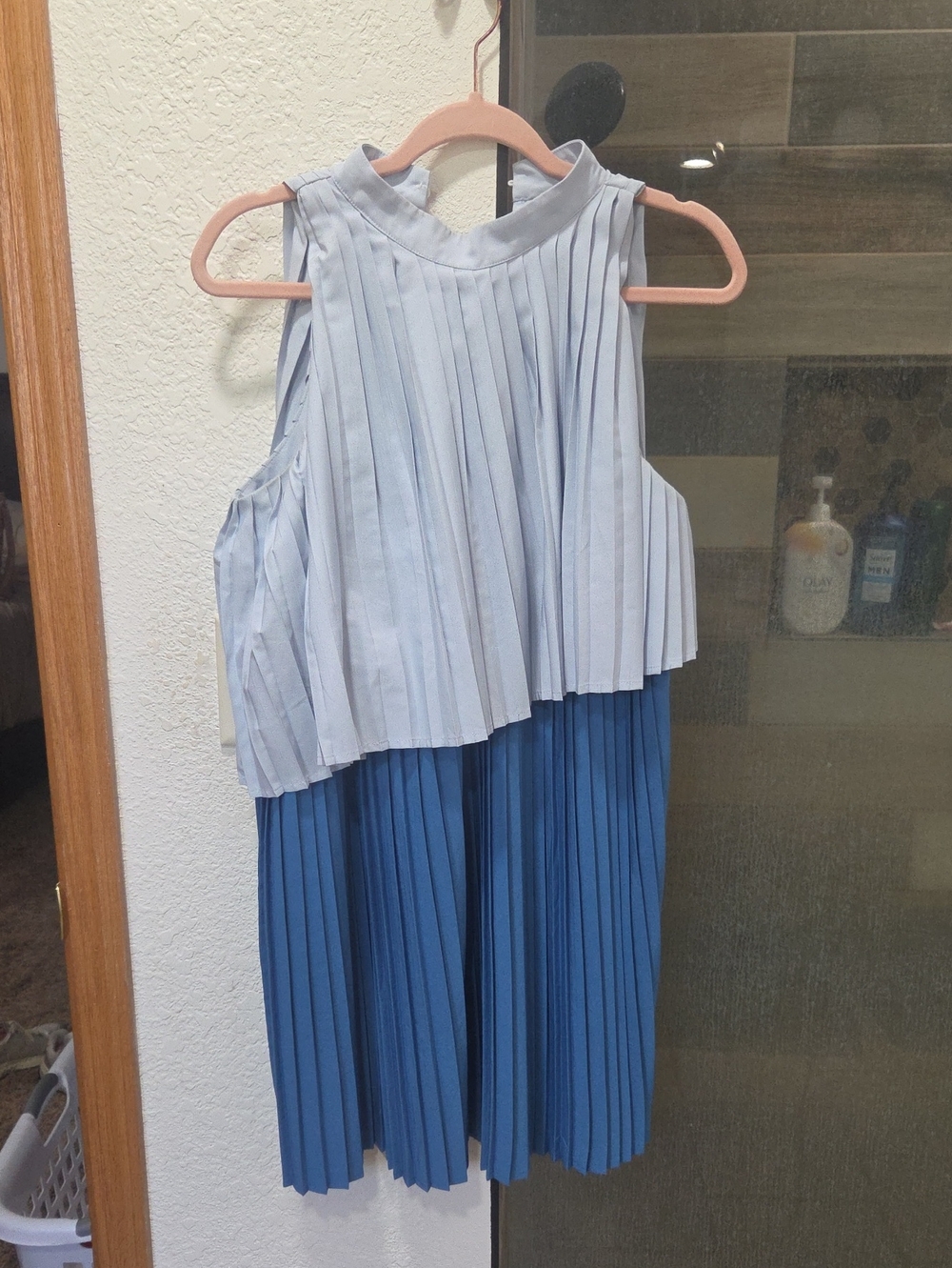 Pleated Two-Tone Sleeveless Dress - Light Blue & Blue